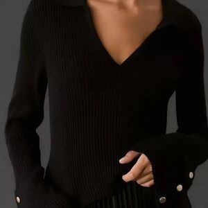 Maeve by Anthropologie Black Bell Sleeve Polo Sweater Size XS